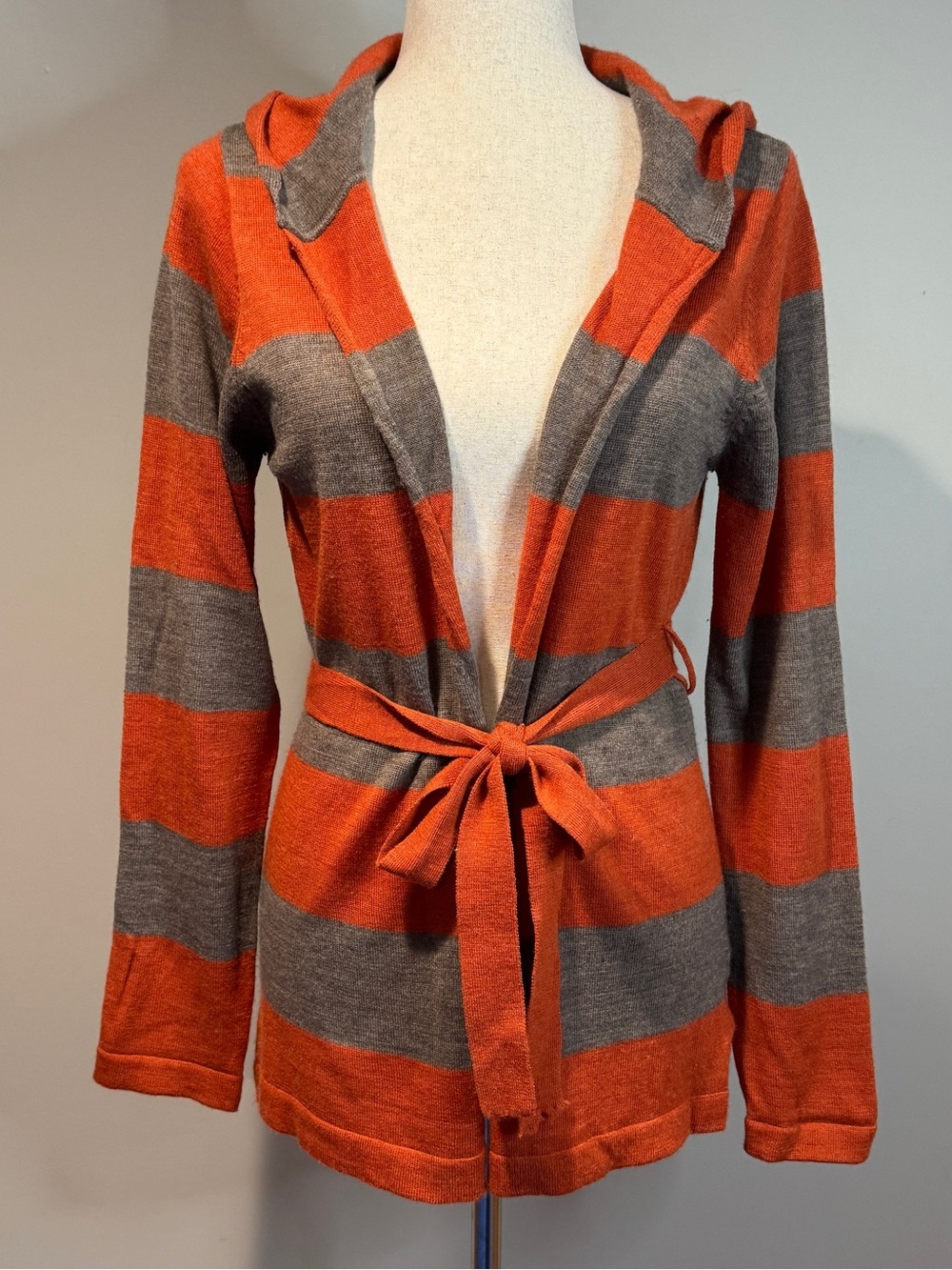 Brunella Gori 100% Merino Wool Orange Grey Striped Hooded Cardigan Waist Tie L